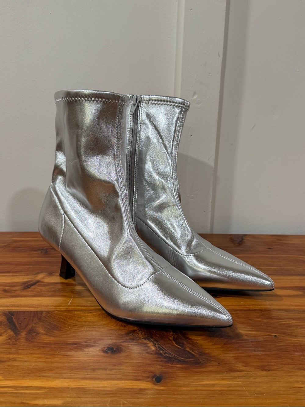NWT Abound Metallic Silver Kitten Heel Ankle Boots